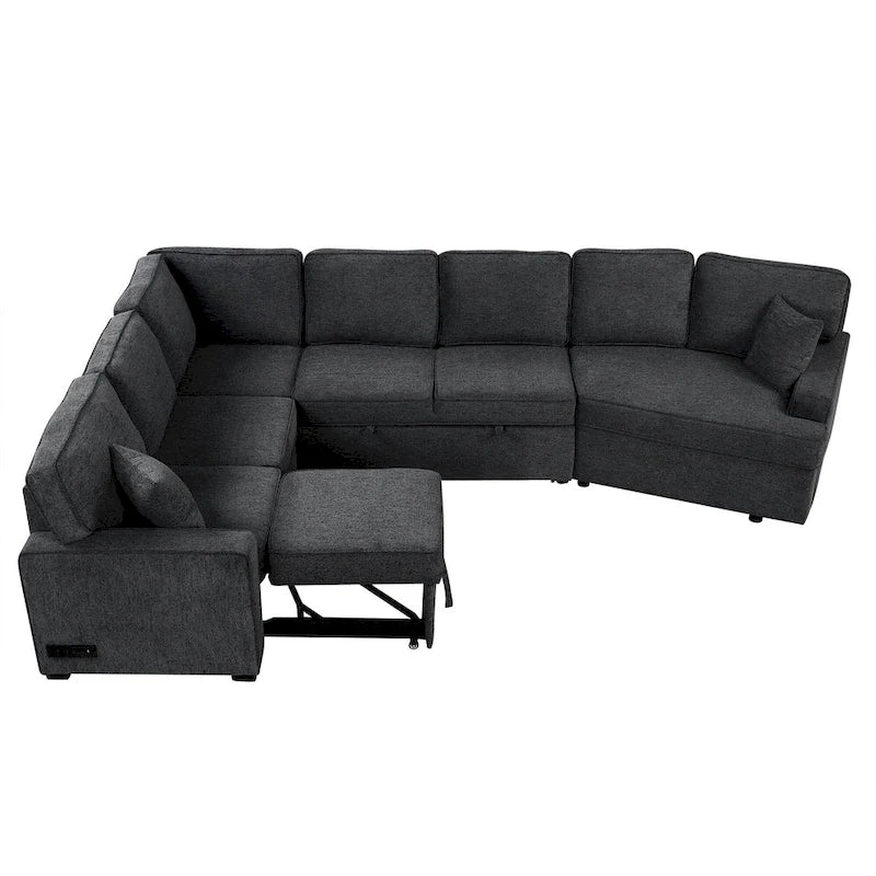 Black 126 L-Shaped 6-Seater Sofa with Pull-Out Bed and Cup Holders