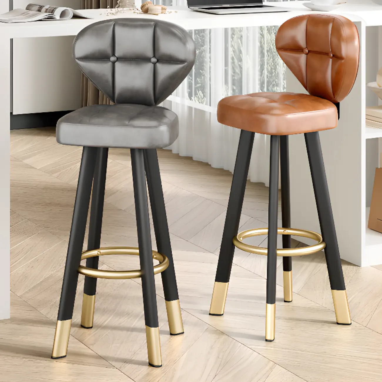 Modern Tufted Counter Height Bar Stools with Metal Footrest