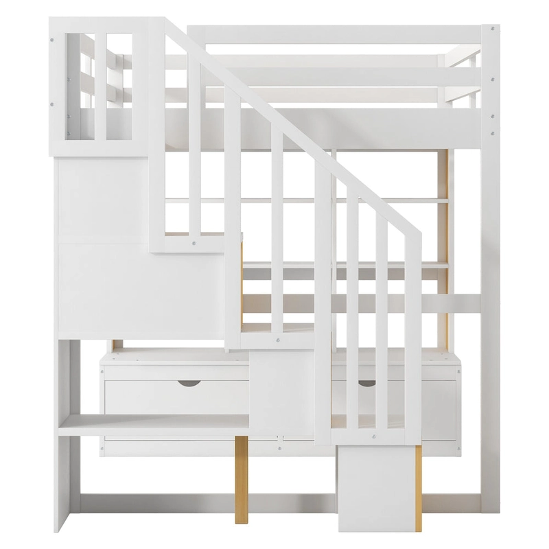 Natural+White Full Solid Wood Loft Bed with Desk & Drawers