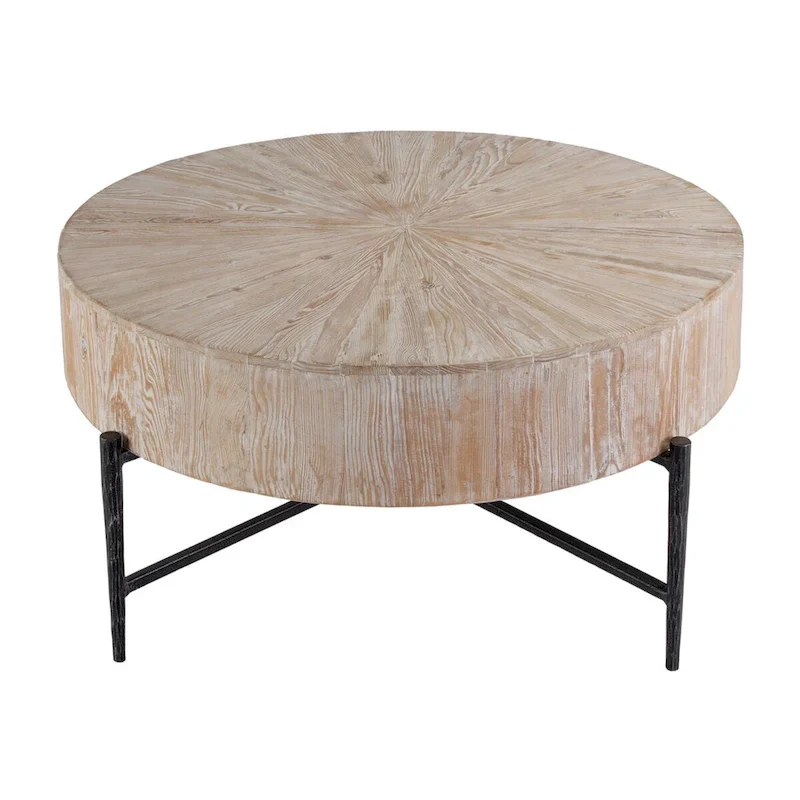 38.5-Inch Wide Round Wood and Iron Coffee Table