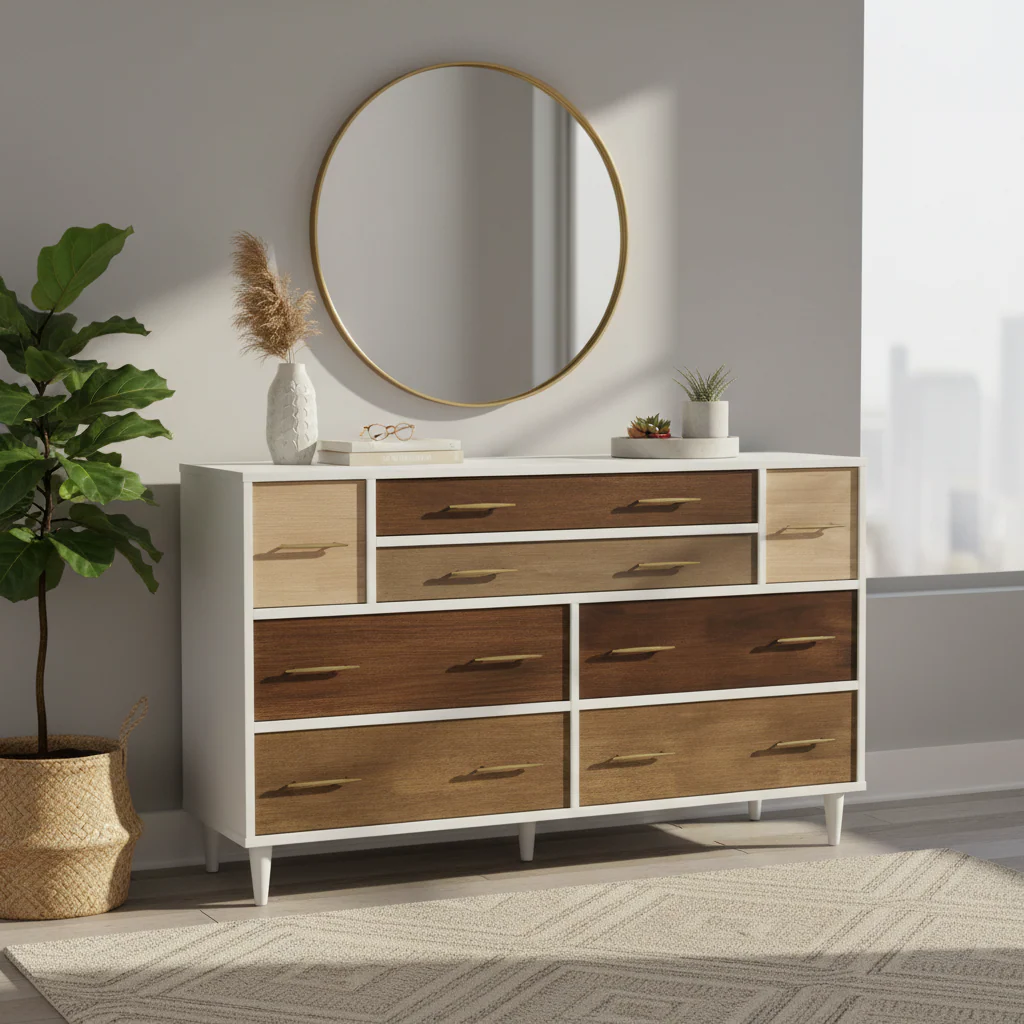 White and Natural Finish 8-Drawer Dresser