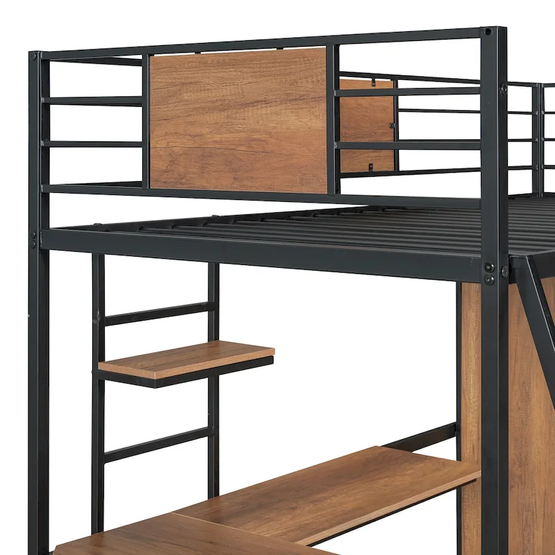 Black Twin Metal Wood Loft Bed with L-shape Desk