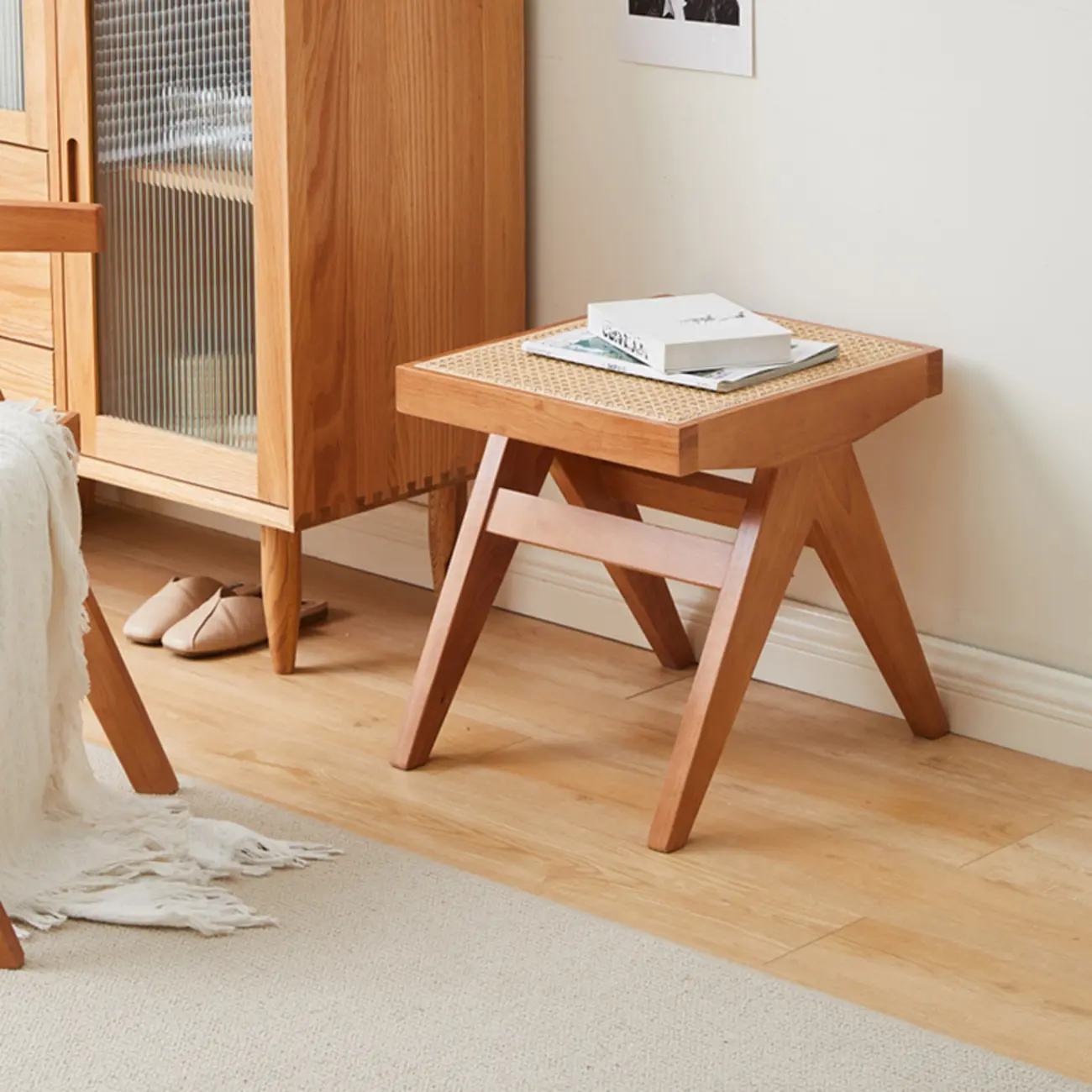 Elegant Rattan Top Finish Wooden Rectangular Cherry Benches