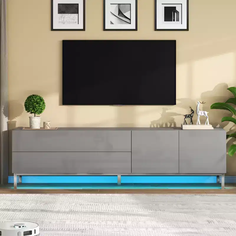 White High Gloss Modern TV Stand with RGB LED, Fits Up to 80