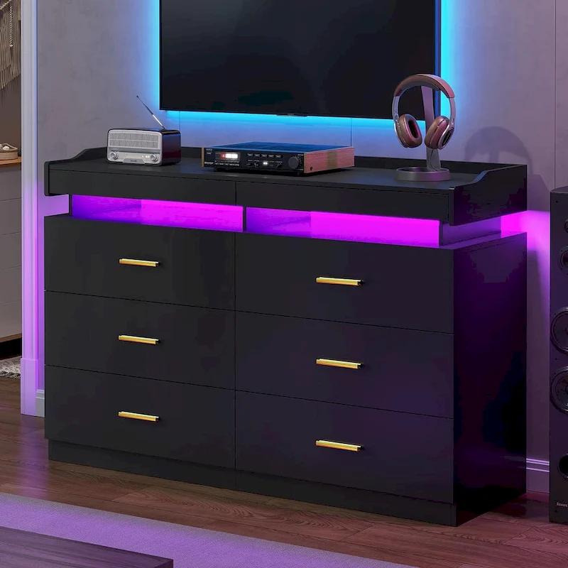 6 Drawer Dresser 2 Pull-Out Tray LED Light Chest of Drawers