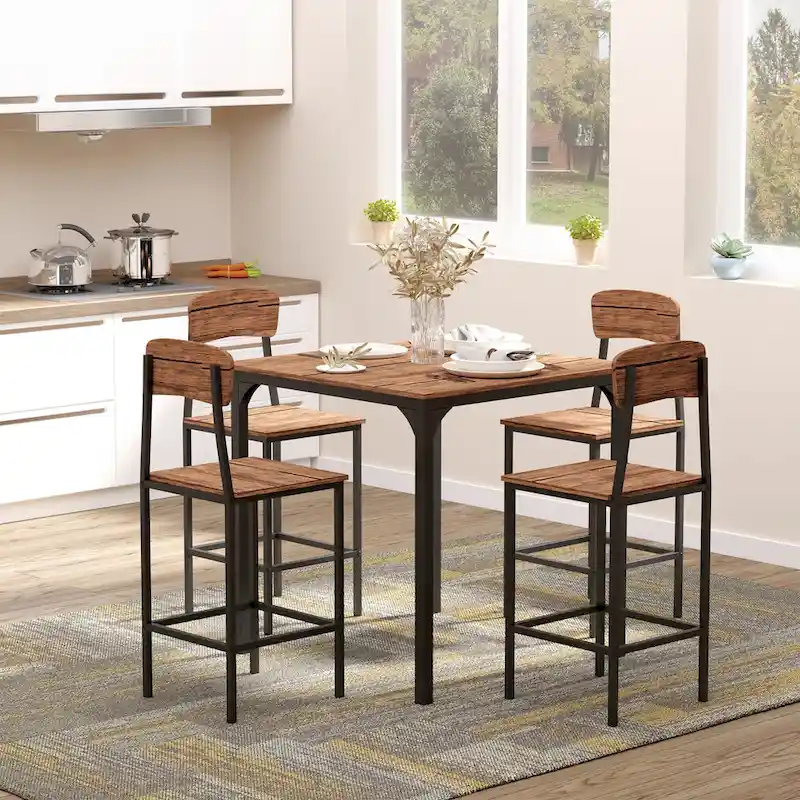 Modern Style 5-Piece Dining Set with Square Counter Height Bar Table and 4 Footrest Open Back Dining Chairs