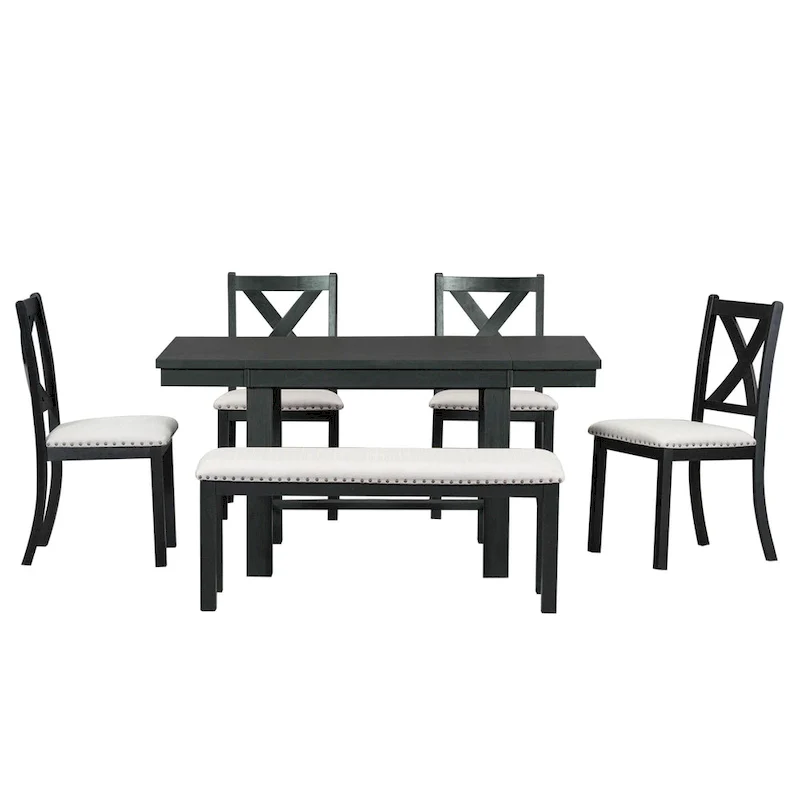 6-Piece Wooden Dining Table Set with Extendable Table & 4 Chairs & Bench