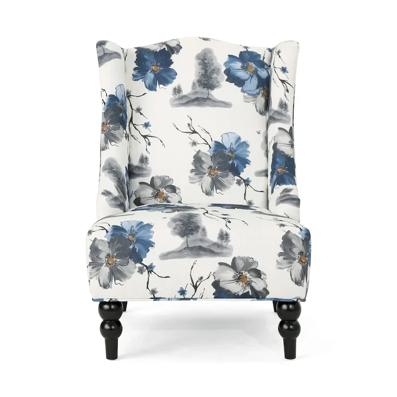 Beige +Blue Flower 28 High-Back Club Chair with Birch Legs