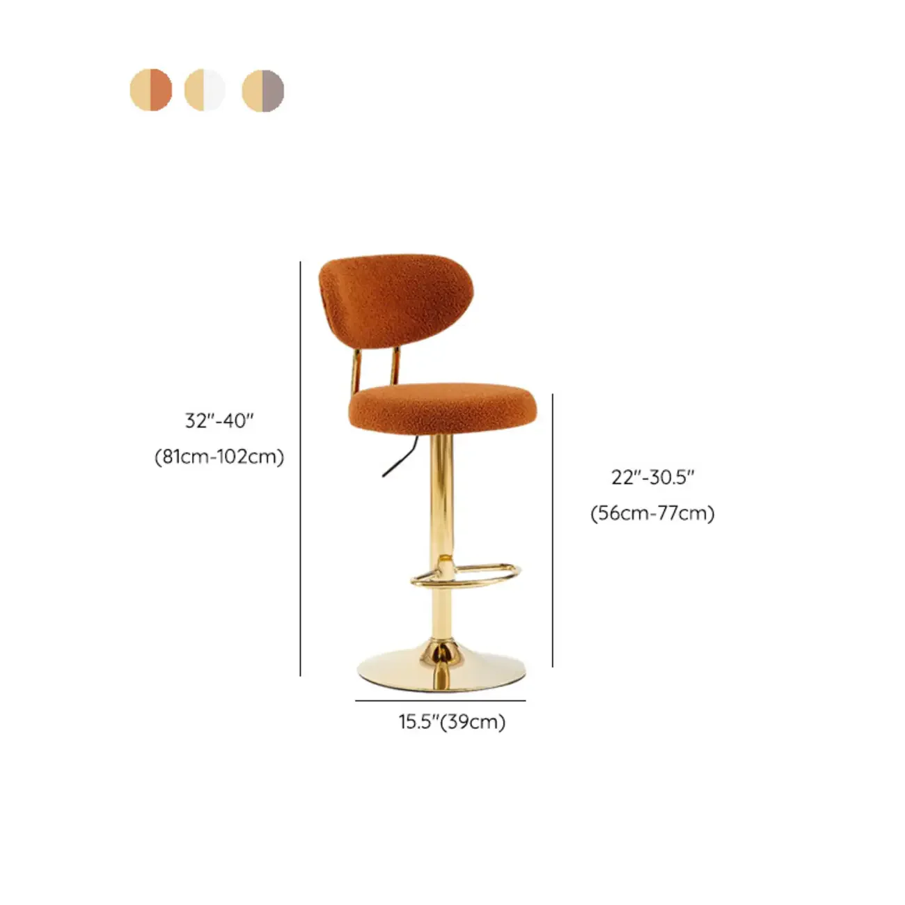 Adjustable Flannel Curved Back Bar Stools with Gold Base