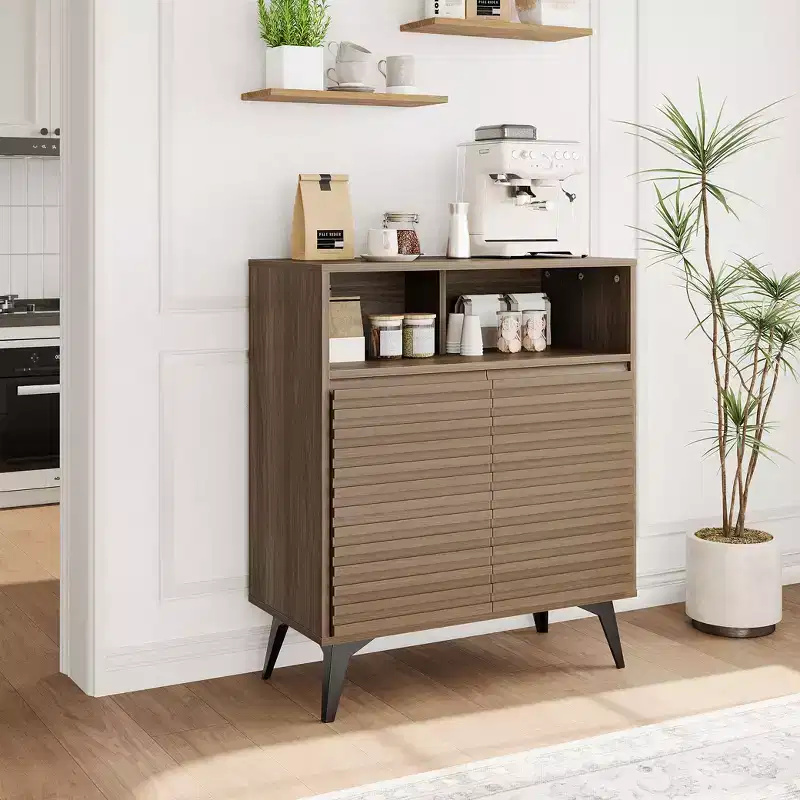 Fluted Storage Cabinet - Metal Leg Credenza with Shelves for Living Room & Entryway