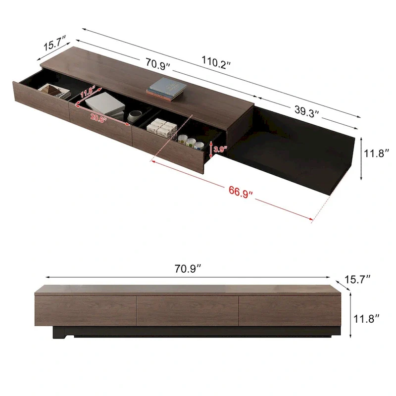 Extendable TV Stand with 3 Drawers, 70.87