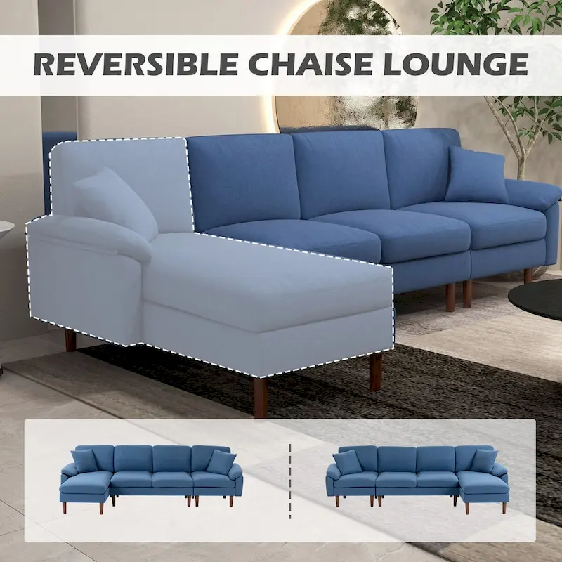 HOMCOM Fabric Sectional Couch with Reversible Sleeper Sofa, Modern L Shaped Sectional Sofa with Pillows, Wooden Legs