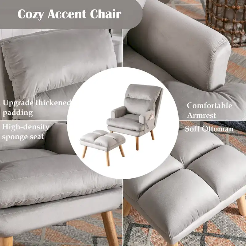 Velvet Fabric Armchair with Ottoman with Adjustable Backrest and Side Pockets