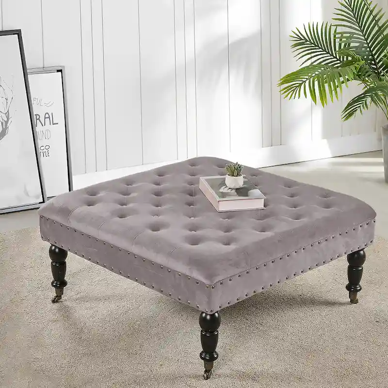 Button-Tufted Round Ottoman – 33 x 33 x 18 Inch
