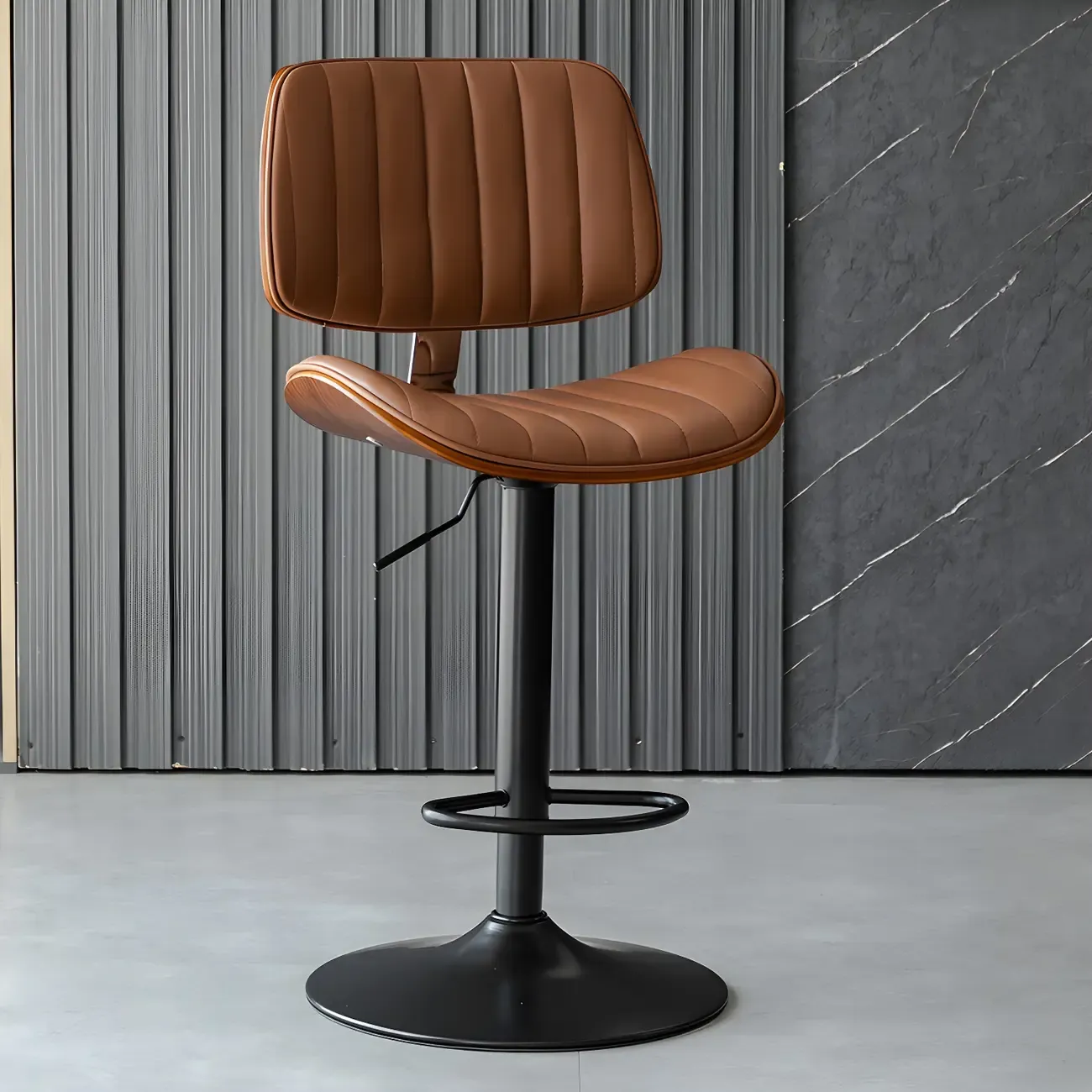 Adjustable Height Bucket Swivel Leather Bar Stool with Back