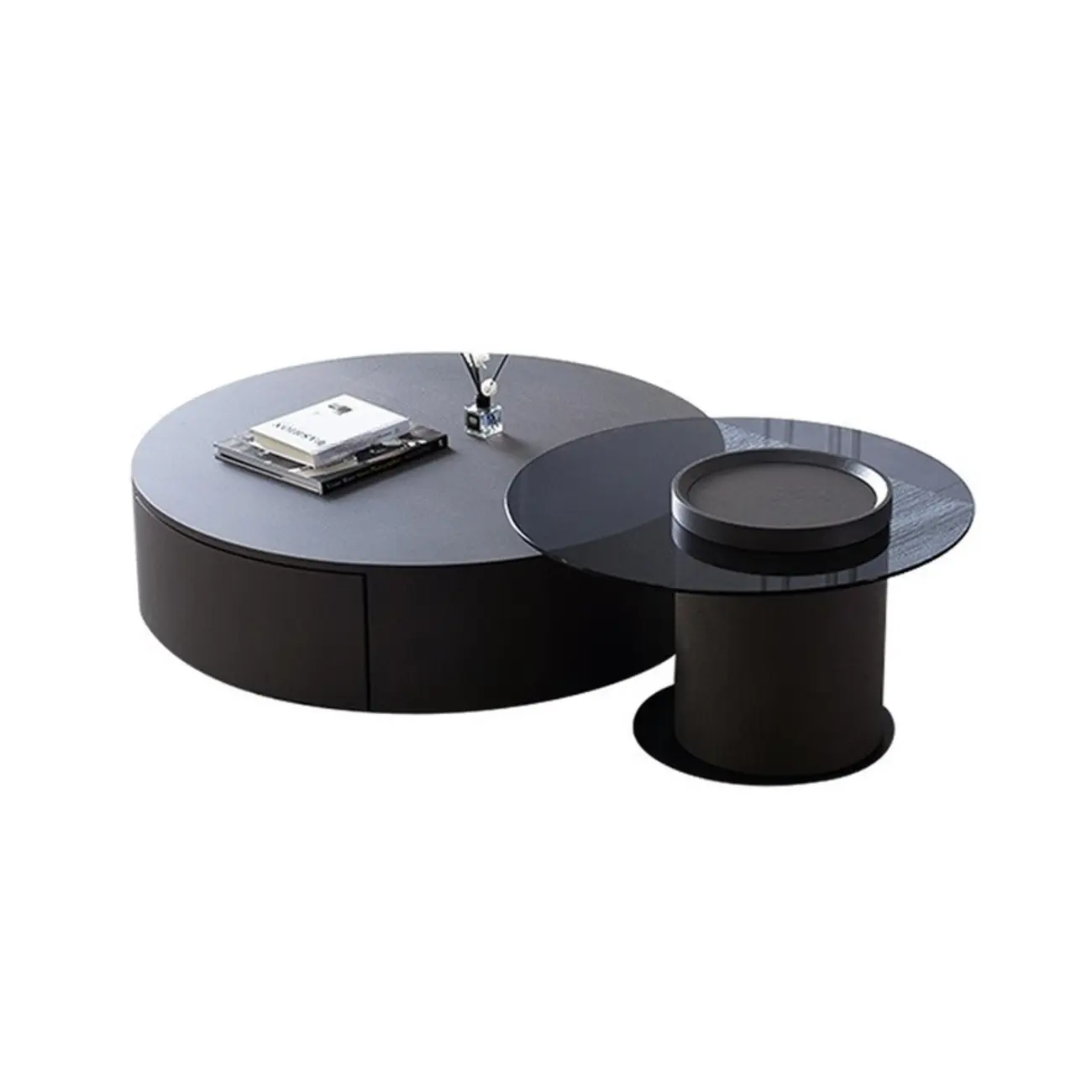 Modern Black Round Top Nesting Coffee Table with Storage