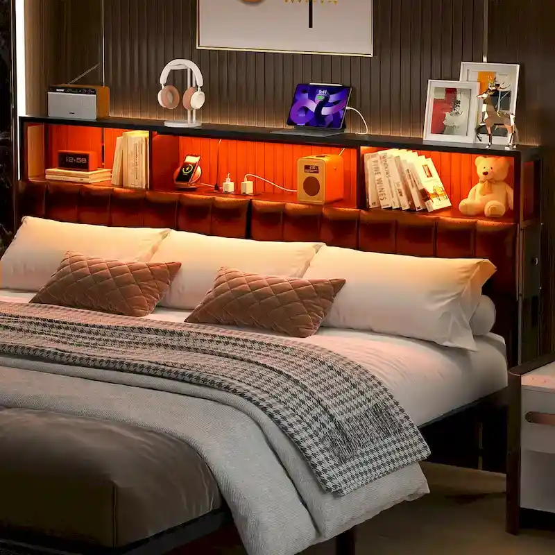 Upholstered Headboard with Hidden Drawer, Head Board with Power Outlet and LED Light