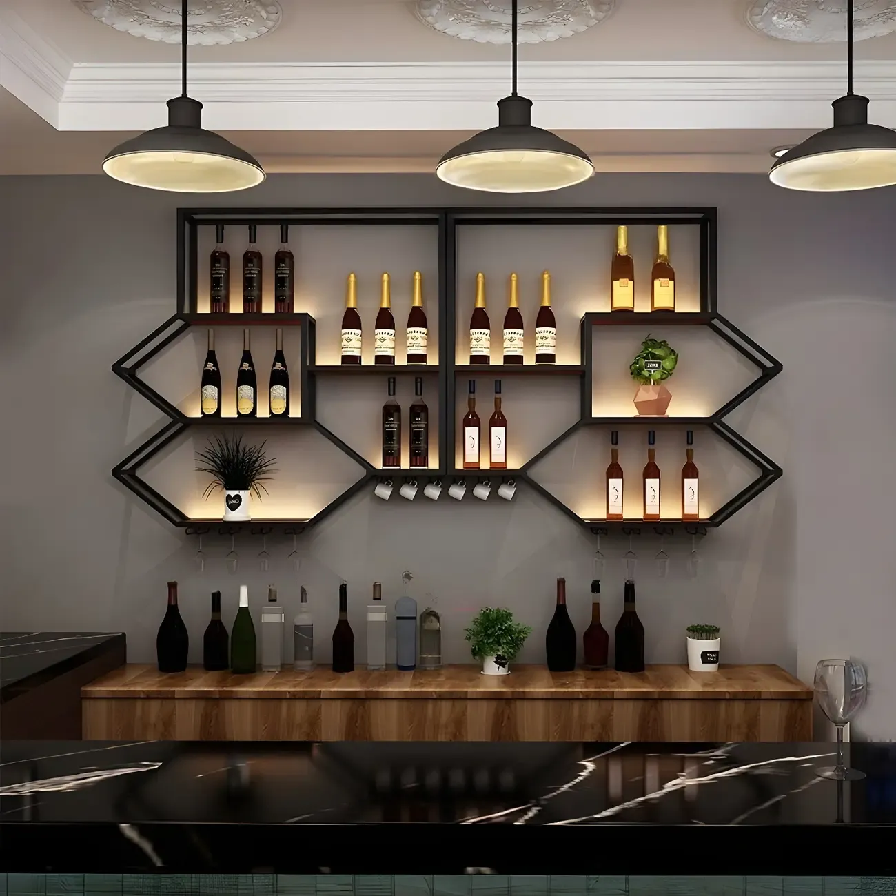 Black Metal Wall-Mounted Lighted Wine Rack
