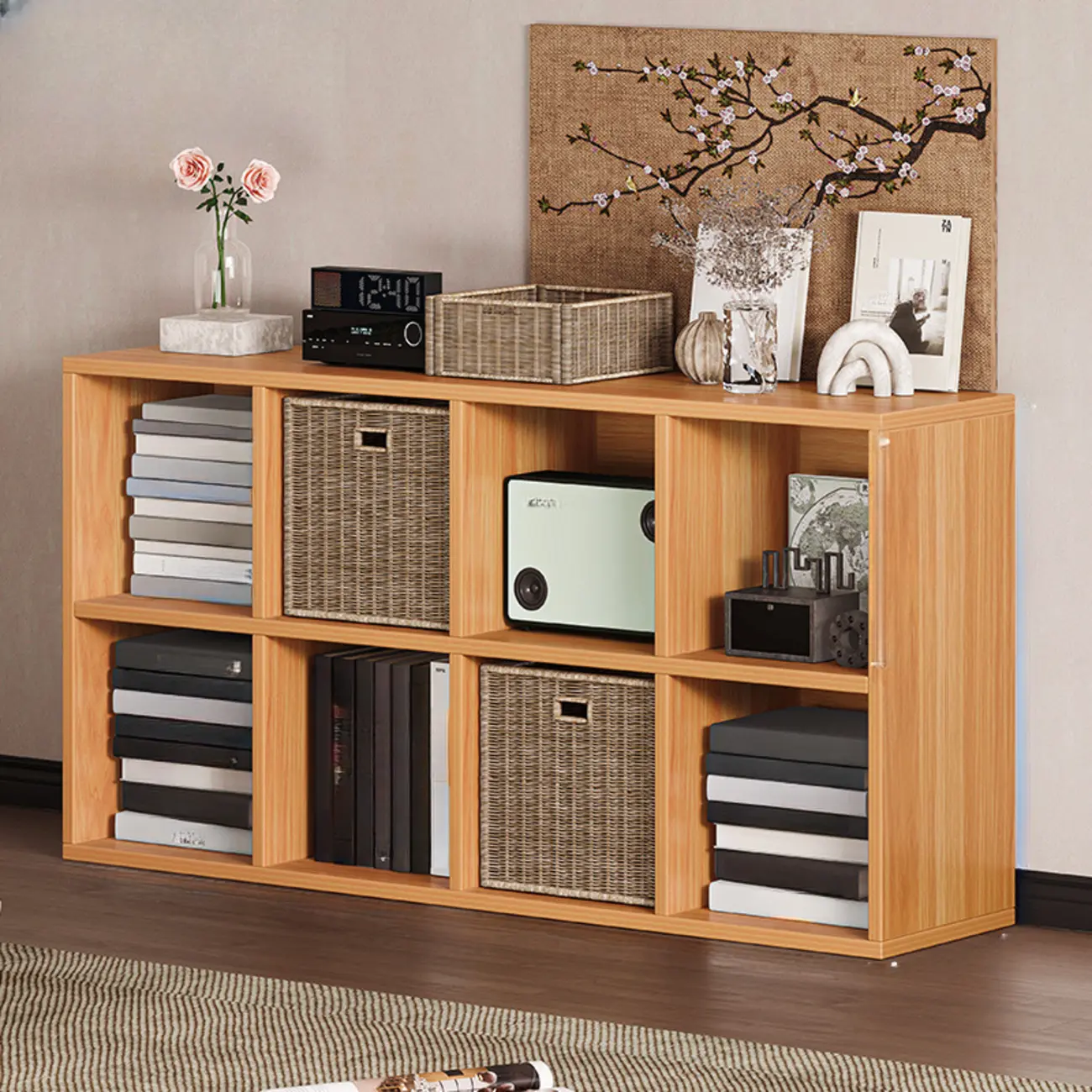 Simple Walnut 8-Cube Wood Bookcase