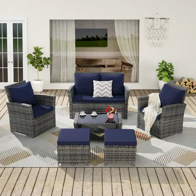 6 Piece Wicker Patio Furniture Sets with Tempered Glass Coffee Table & Ottoman