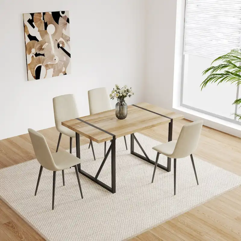 MDF Wood Colour Dining Table and Modern Dining Chairs Set of 4, Mid Century Wooden Kitchen Table Set, Metal Base & Legs