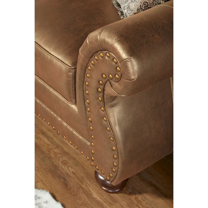 Roundhill Furniture Leinster Brown Fabric Nailhead Trim Sofa and Loveseat