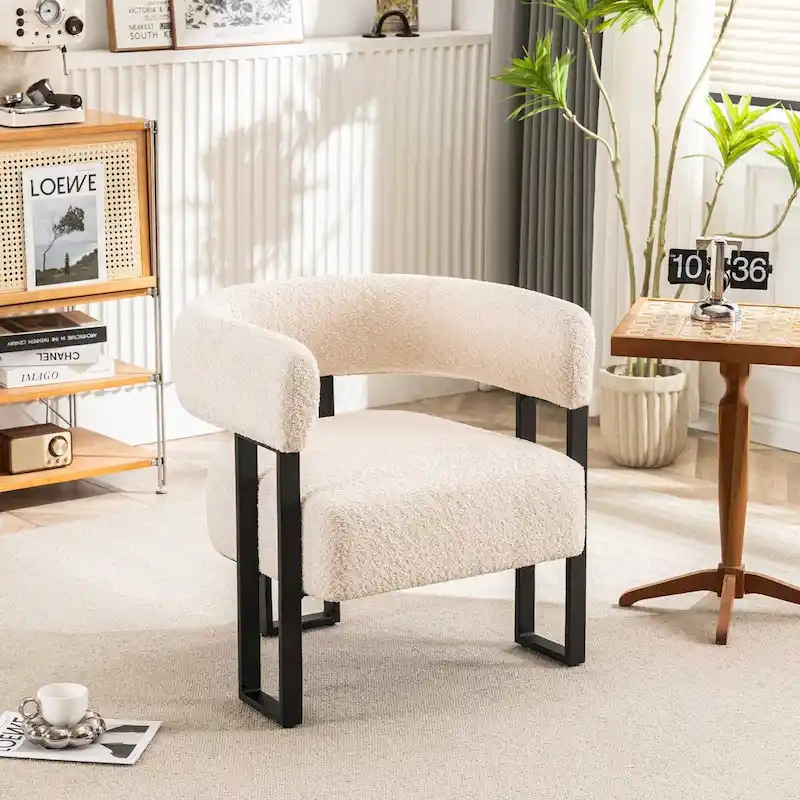 Upholstered Teddy Velvet Single Accent Chair Modern Corner Padded Boucle Armchair for Living Room Bedroom Lounge