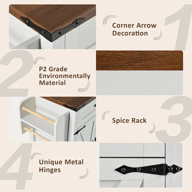 Farmhouse Rolling Kitchen Island with Drop Leaf & Power Outlets – White / Brown, Single