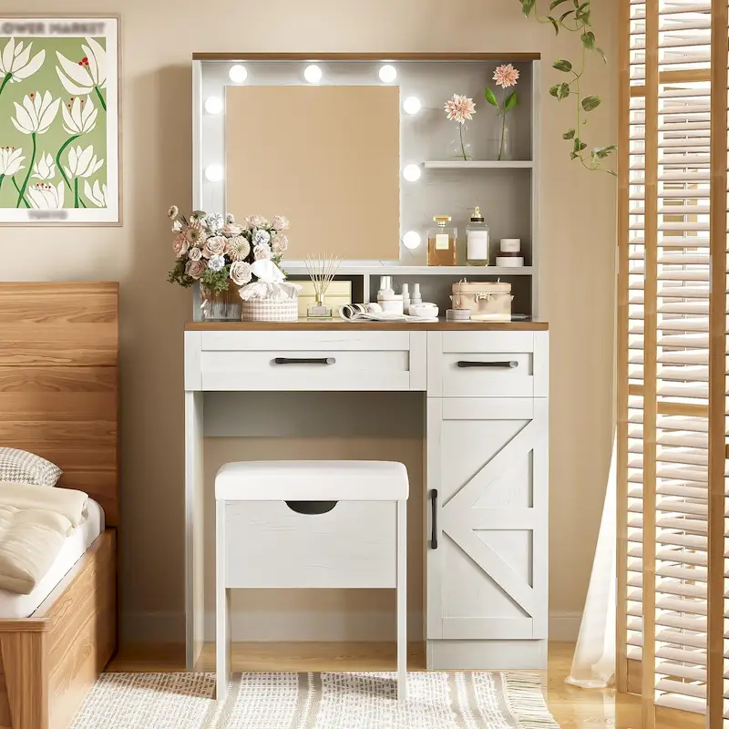Vanity Desk with Mirror and Lights, Dressing Table with Adjustable Shelves and Drawer, Makeup Table with Side Cabinet