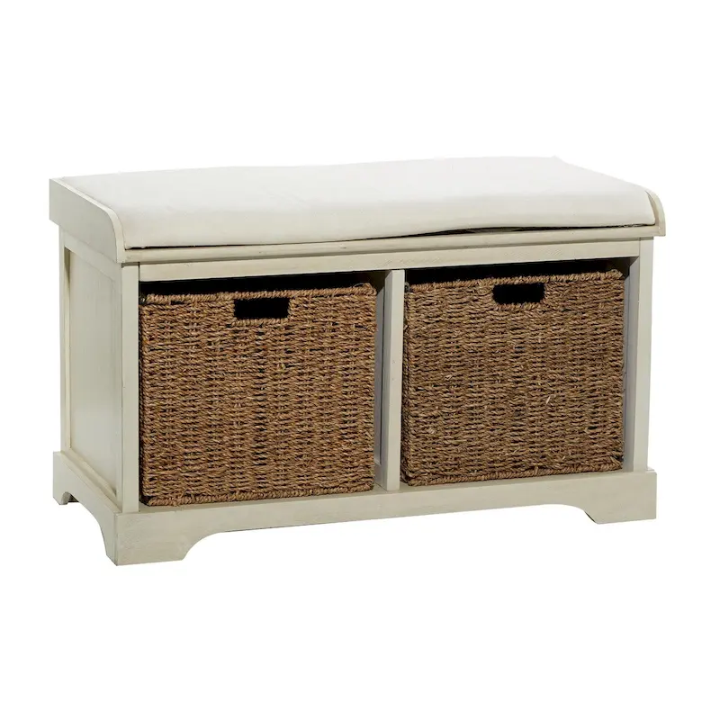 Wood Room Storage Bench with Brown Seagrass Baskets and Cushioned Seat - White - Roche River Decor