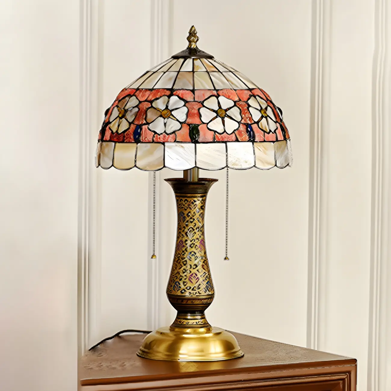 Antique Brass 2-Light Stained Glass Dome-Shape Table Lamp