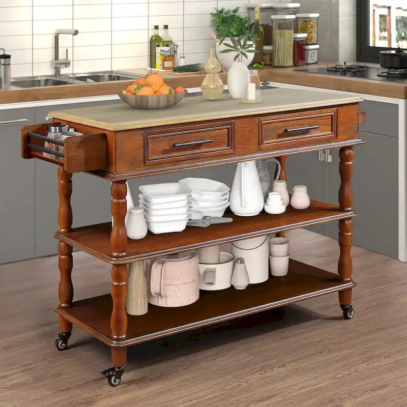 Rolling Kitchen Island with Storage, Wheels, Wine and Spice Rack