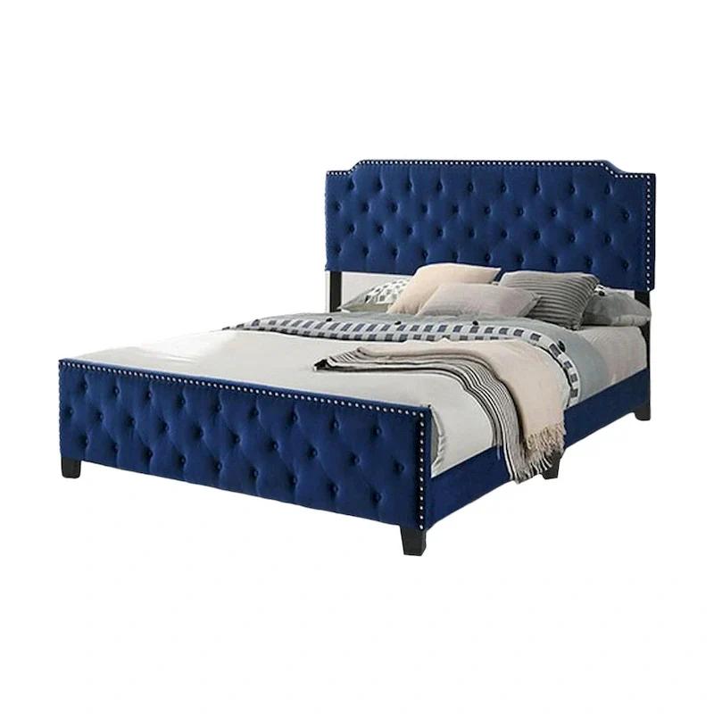 California King Bed, Button Tufted, Nailhead Trim, Navy Upholstery