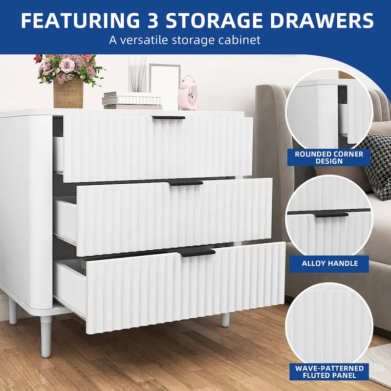 Moasis Modern Fluted 3-Drawer Dresser Chest of Drawers Natural Oak