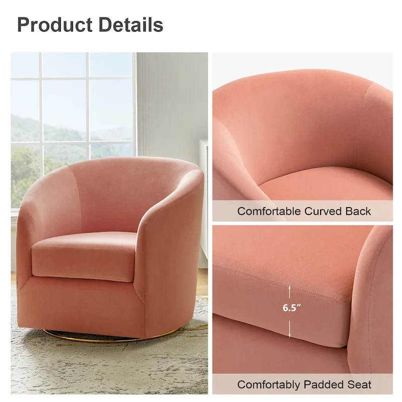 Modern Velvet Curved Swivel Accent Barrel Chair with Metal Base