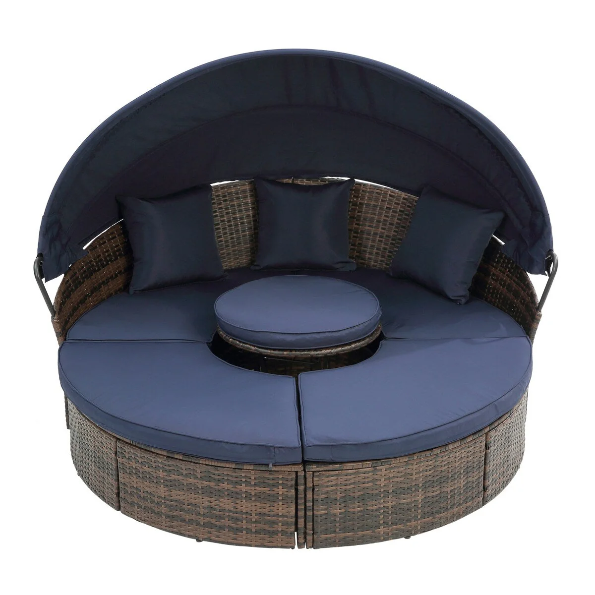 Outdoor Rattan Round Canopy Daybed with Lift Coffee Table, Navy Blue Deep Seating Sofa Bed with Pillows and Washable Cushions