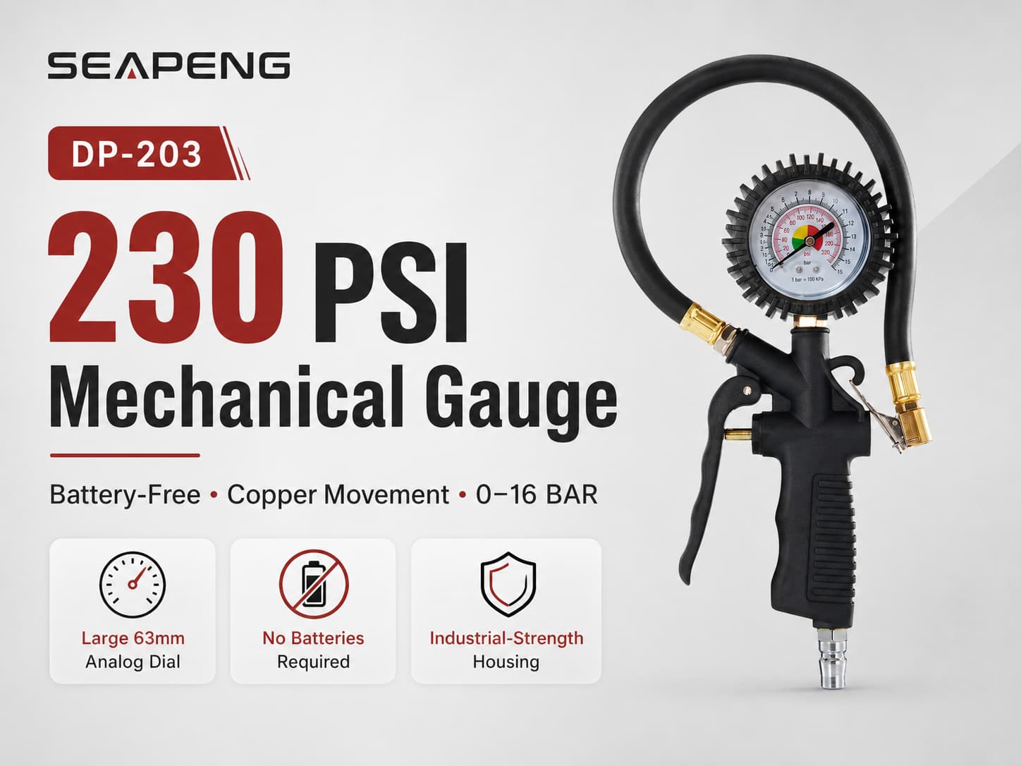 SEAPENG DP-203 Analog Tire Pressure Gauge for Cars, SUVs, Trucks & RVs for cars, trucks, RVs and garages