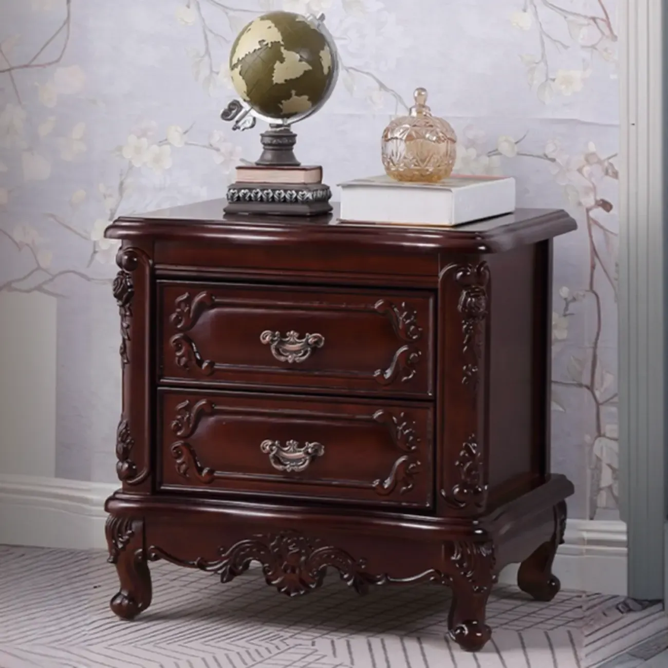 Traditional Carved Wood 2-Drawer Nightstand