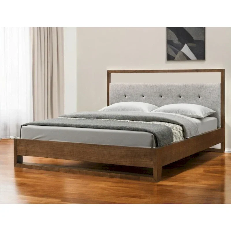 HomeRoots Brown and Gray Wood Tufted Upholstered King Bed Frame