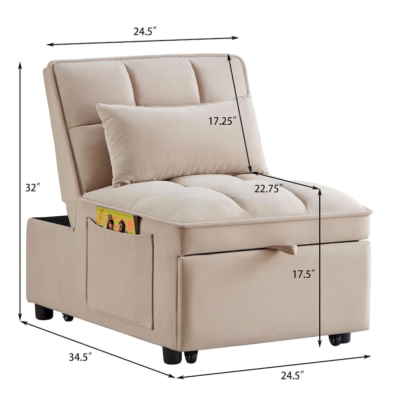 Convertible Recliners with Adjustable Backrest, Pillows and Pockets