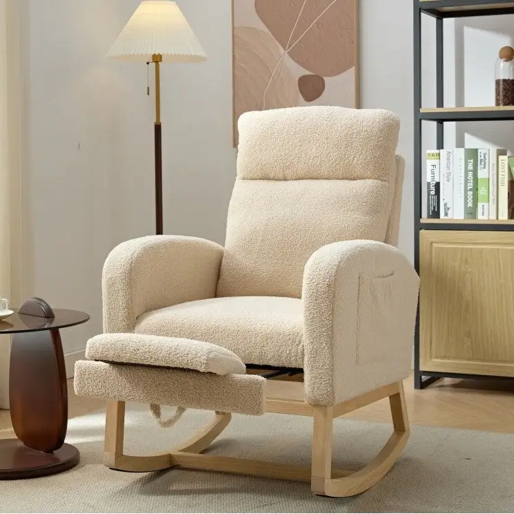 Modern 29.5 High Back Upholstered Rocking Chair with Solid Wood Legs and Adjustable Footrest