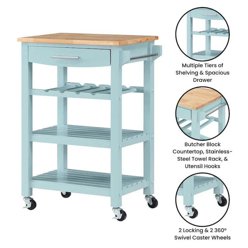 Ellaine 4 Tier Butcher Block Kitchen Cart with Drawer and Wine Rack