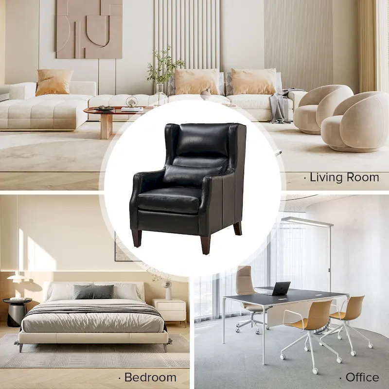 Genuine Leather Wingback Armchair with Lumbar Pillow