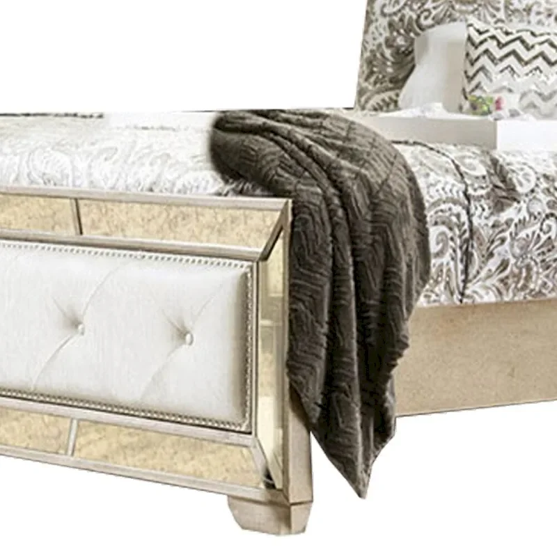 Leatherette Upholstered Wooden Queen Size Bed, Gold and Silver