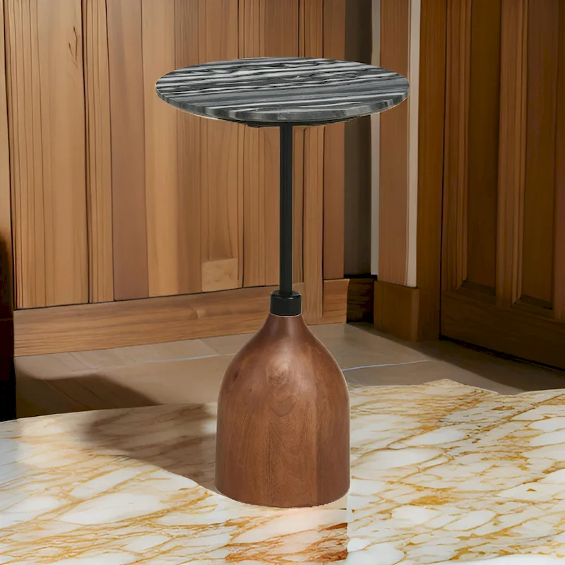 Side End Drink Table, Round Gray White Marble Top, Pedestal Base 14x14x24