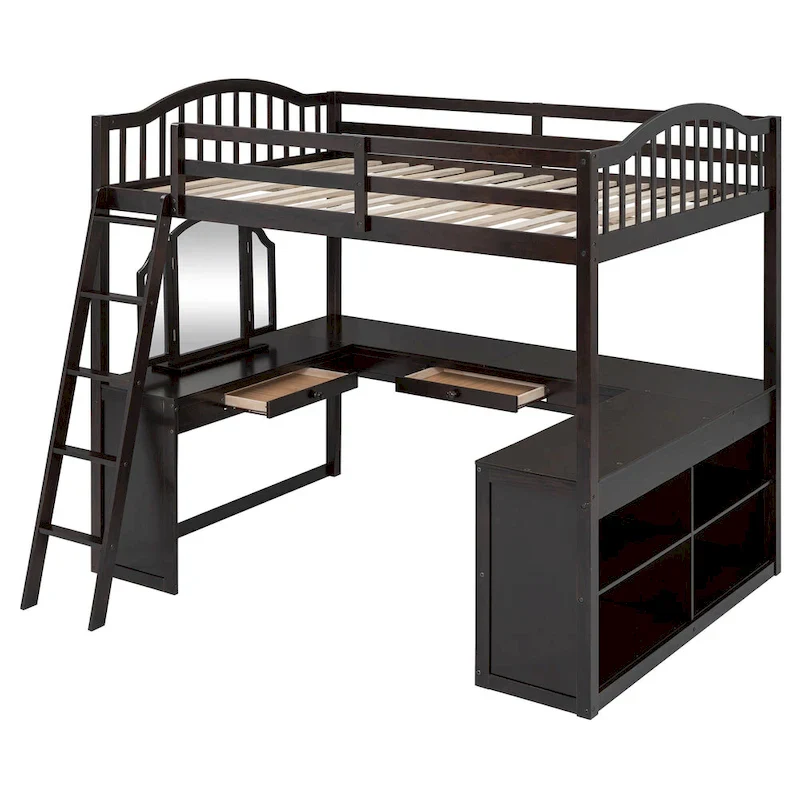 Full Wooden Loft Bed with U-shaped Desk,Storage Compartments and Tri-fold Mirror, Gray