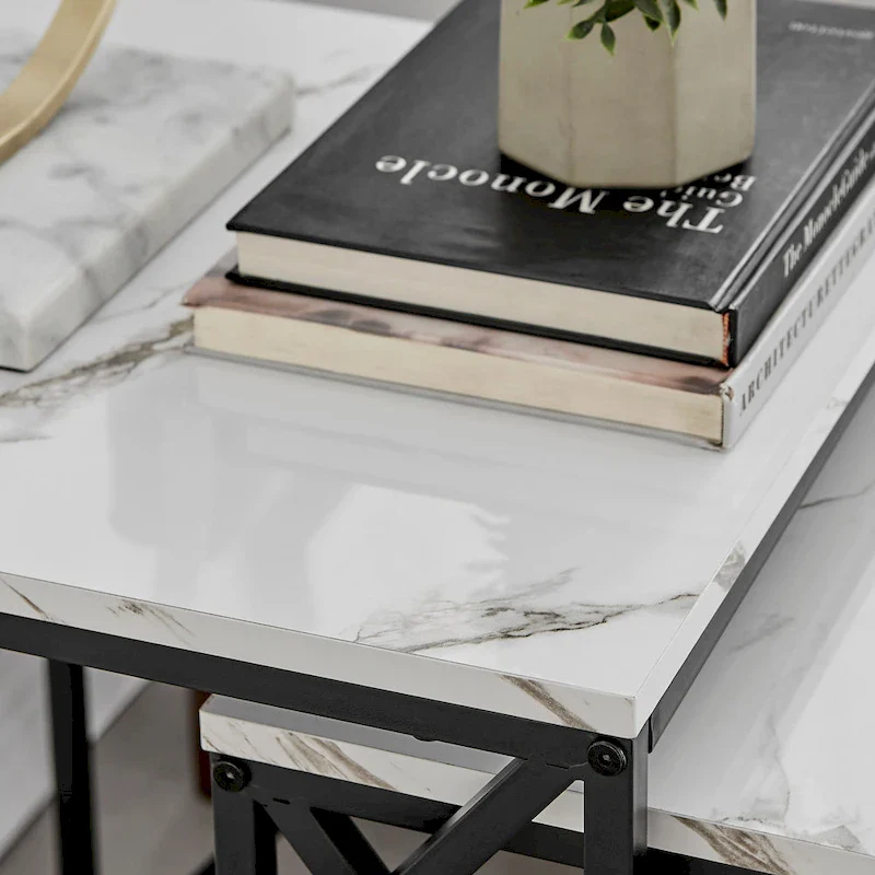 Modern Square Marble Finish Veneer Top Black Metal Frame Nesting End Tables - Set of 2