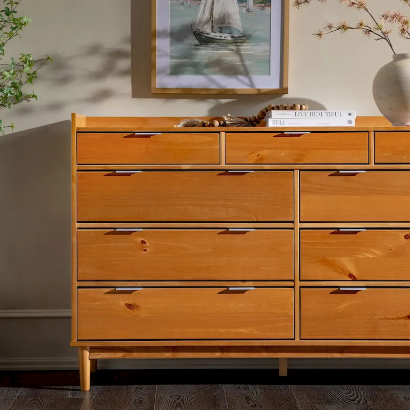 Solid Pine Wood 9-Drawer Dresser with Gallery Top