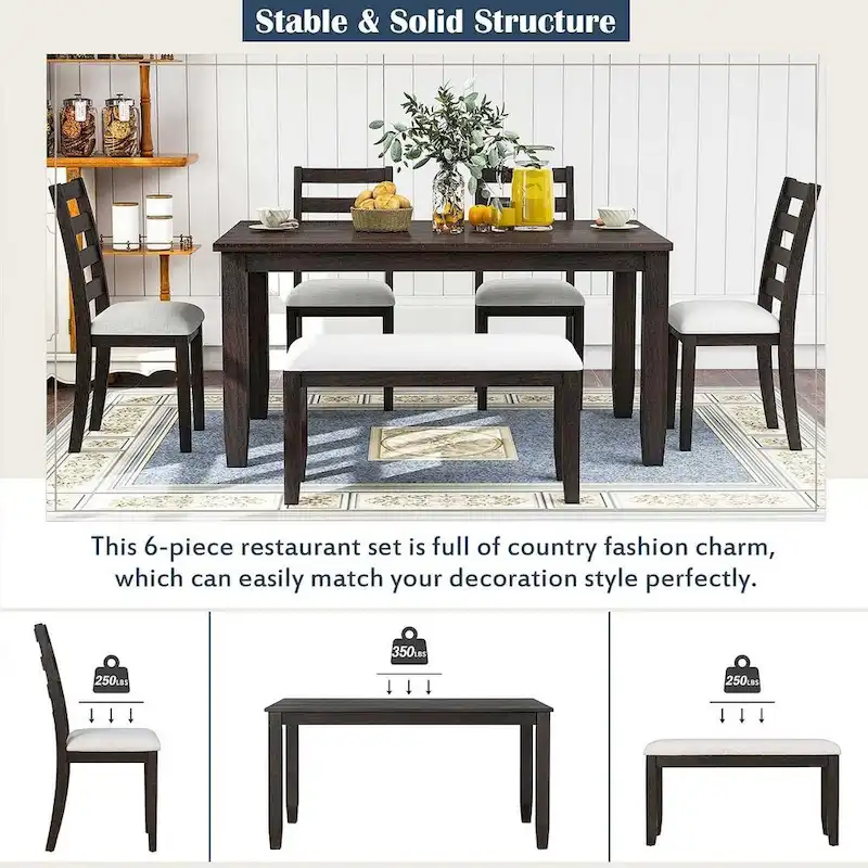 6-Piece Dining Room Table Set with 4 Chairs & a Bench