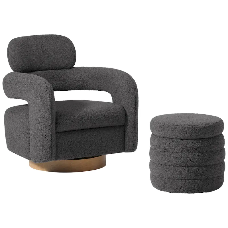 Bayville Sherpa Swivel Chair With Round Storage Ottoman 2-Piece Set